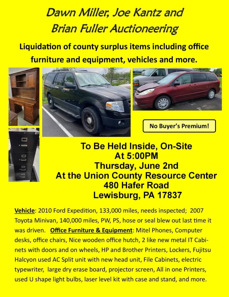 Thursday, June 2nd Union County Liquidation Auction Union County